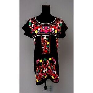 YZXDORWJ Black Multi-Colored Embroidery Mexican Boho Short Peasant Dress Small